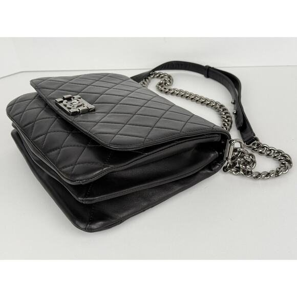 CHANEL Leather Quilted Boy Messenger Bag Black with Silver Hardware B-7 - Picture 8 of 16